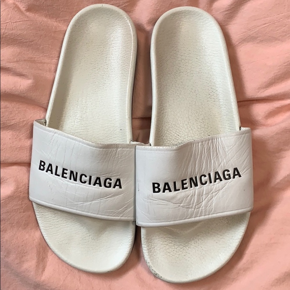 White balenciaga pool slides